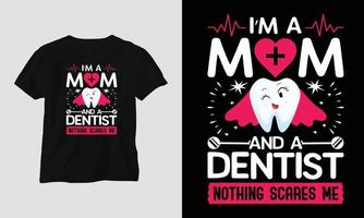 Camiseta de dentista vectorial o diseño lindo de póster con dientes de dibujos animados, elementos dentales, etc. vector