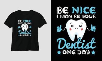 Camiseta de dentista vectorial o diseño lindo de póster con dientes de dibujos animados, elementos dentales, etc. vector