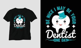 Camiseta de dentista vectorial o diseño lindo de póster con dientes de dibujos animados, elementos dentales, etc. vector