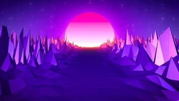 Abstract purple blue retro landscape in old 80s, 90s style with road rocks mountains and sun, abstract background. Video 4k, motion design