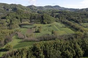 Borghetto di Borbera Pemonte Italy Village aerial View Panorama farmed fields photo