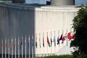 flags outside united nations building in new york, 2022 photo
