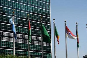 flags outside united nations building in new york, 2022 photo