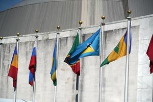 flags outside united nations building in new york, 2022 photo