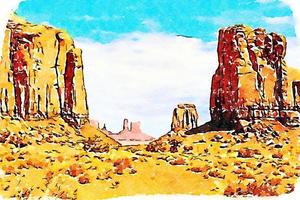 ilustración creativa en diseño de acuarela vintage - Monument Valley en Estados Unidos, panorama rojo con cielo azul. foto