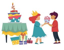 niño dando regalos a una niña disfrazada de princesa fiesta de cumpleaños y pastel vector