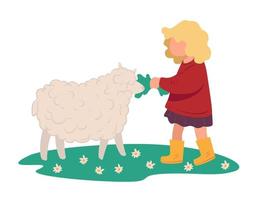 Small kid feeding sheep with grass on meadow vector