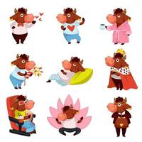 Funny bull character emotional animal, ox mascot stickers vector