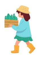 Kid carrying basket with growing plants or herbs vector