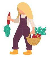 Farming character with ripe carrots in woven basket vector