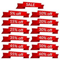 Set of red sale ribbons with different discount values. Sale label template. Vector illustration