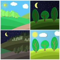 Set of summer landscape. Day and Night on a Clearing in the Forest. Cartoon vector illustration.