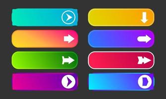 Colorful gradient buttons with arrows. Set of eight modern abstract web buttons. Vector illustration