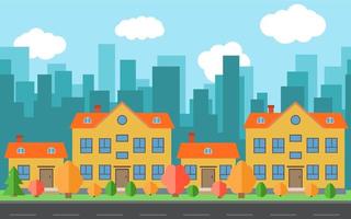 Vector city with four cartoon houses and buildings. City space with road on flat style background concept. Summer urban landscape. Street view with cityscape on a background