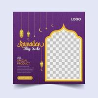 Ramadan Ads Square Offer Sale Banner. Ramadan Theme Greetings with Lantern, Half Moon, and Islamic Windows. vector