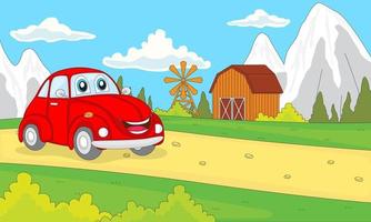red car character travel illustration with countryside view. good for children's story books, education, posters, printing, websites and more vector