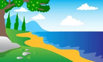 ilustración de paisaje natural, playa, mar azul, árboles, pradera, rocas, flores, cielo azul y nubes, ilustración de libros para niños, afiche, sitio web, aplicación móvil vector