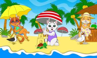 ilustración de una colección de gatos jugando en la playa, bebiendo jugo y construyendo castillos de arena, ideal para libros de cuentos infantiles, afiches, pegatinas, sitios web, juegos, impresión y más vector