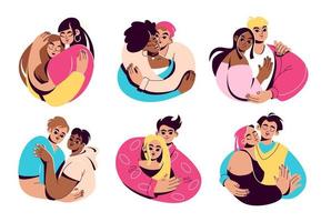 A set of couples in love. Men and women embrace. Hugs of friends. Inclusive and LGBT characters. Valentine's day vector