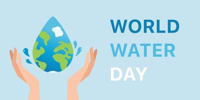 World water day illustration poster. web template, flyer, banner, greeting card. Save water, hands hold the earth in the shape of a drop. Vector illustration