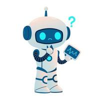 Cute Robot with tablet and question. Cartoon Science Technology Concept Isolated Vector. Flat Cartoon Style vector