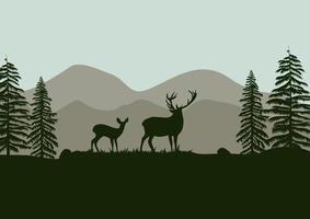 Silhouette of deer in the forest. Vector illustration in flat style