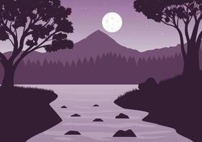 ilustración vectorial de un paisaje montañoso con un río y un bosque por la noche vector