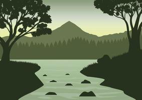 Nature background with a river and trees. Vector illustration with green tone.