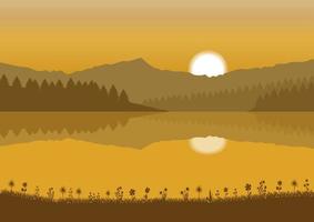 Illustration of a sunset over a lake with mountains and lake in the background vector