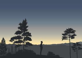 Silhouette of a person standing in the forest at sunset. vector