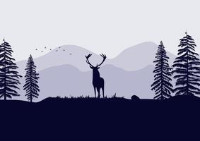 Silhouette of deer in the forest. Vector illustration in blue tones.