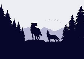 Silhouette of a wolf in the forest. Vector illustration.