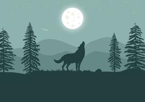 Wolf in the forest at night with a full moon. Vector illustration.