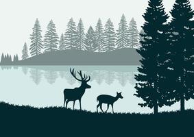 Silhouette of deer in the forest and lake. Vector illustration