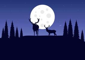 Silhouette of deer in the forest at night with full moon background. Vector illustration.