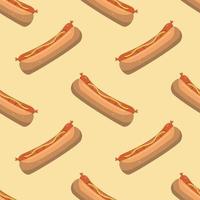 Hot dogs with sausage and mustard sauce seamless pattern on a colored background. Vector flat illustration. Design for wallpaper, textiles, and backdrop.