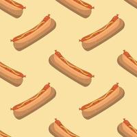 Hot dogs with sausage and mustard sauce seamless pattern on a colored background. Vector flat illustration. Design for wallpaper, textiles, and backdrop.