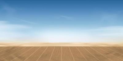 playa de verano con suelo de madera sobre arena, nubes y cielo azul, mesa de madera marrón vacía vectorial para la exhibición de productos en la playa de arena, paisaje marino natural con horizontal borrosa, paisaje de verano junto al mar vector