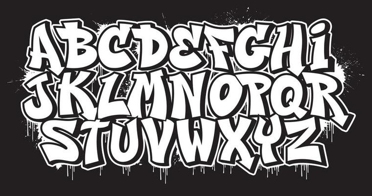 Black and white decorative font in graffiti style with spray effect