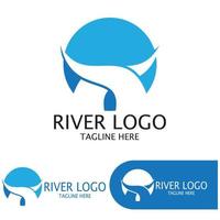 logotipos de ríos, arroyos, riberas y arroyos, afluentes, riberas con una combinación de montañas y tierras agrícolas con un concepto de diseño vectorial minimalista moderno y simple vector