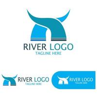 Logos of rivers, creeks, riverbanks and streams, tributaries, riverbanks with a combination of mountains and agricultural land with a modern and simple minimalist vector design concept