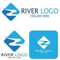 Logos of rivers, creeks, riverbanks and streams, tributaries, riverbanks with a combination of mountains and agricultural land with a modern and simple minimalist vector design concept