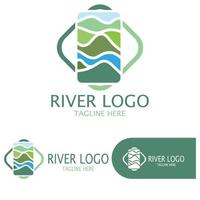 logotipos de ríos, riachuelos, riberas y arroyos, afluentes, riberas con una combinación de montañas y tierras agrícolas con un concepto de diseño vectorial moderno y minimalista vector