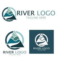 Logos of rivers, creeks, riverbanks and streams, tributaries, riverbanks with a combination of mountains and agricultural land with a modern and simple minimalist vector design concept