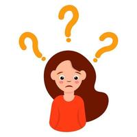 Confused woman face. Simple flat vector illustration of question dilemma problem concept, isolated on white cartoon character, business asking analysis mark.