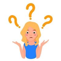 Confused woman face. Simple flat vector illustration of question dilemma problem concept, isolated on white cartoon character, business asking analysis mark.