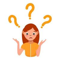 Confused woman face. Simple flat vector illustration of question dilemma problem concept, isolated on white cartoon character, business asking analysis mark.