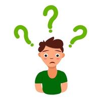 Confused man face. Simple flat vector illustration of question dilemma problem concept, isolated on white cartoon character, business asking analysis mark.