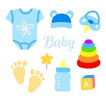 Newborn baby cartoon icon set. Vector design elements. Bodysuit, cap, footprints, baby bottle, toys, soother.