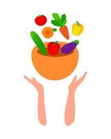 Hands holding a plate with healthy food. Farm organic vegetables. Healthy eating concept. Vector illustration.